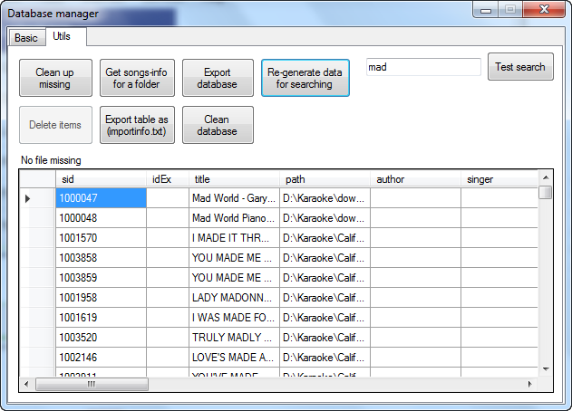 Database manager utils tab